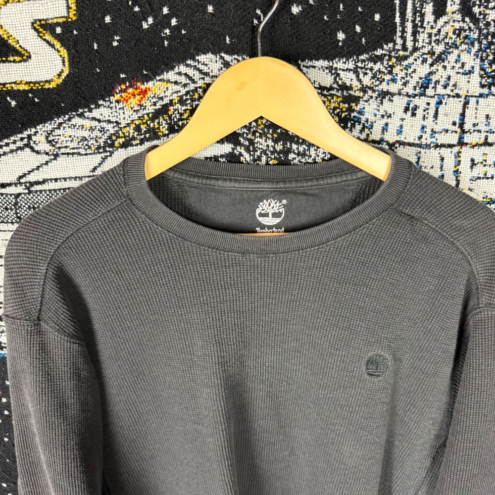 Timberland Mens XXL Waffle Knit Thermal Shirt Gray Long Sleeve Crewneck Logo